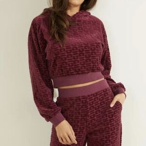 Guess Hoodie Embossed Velour Cropped Long Sleeves Ribbed Knit Burgundy M NWT